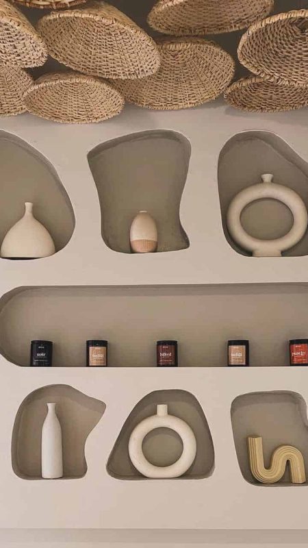 Vase decor and woven baskets display at Haven Beauty, showcasing minimalist aesthetic, modern home decor ideas, and natural textures for stylish interior design.